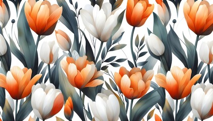 Sticker - A seamless pattern of abstract orange and white tulips painted in watercolors on a white