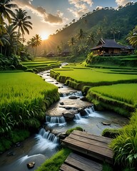 blue and yellow billed toucan,sunset in the mountains,garden with water, flowers in water