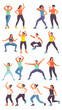 © Isaiah - fitness workout exercise dance movement aerobic active women illustration colorful fun flexibility health lifestyle poses diversity sportswear energetic dance class