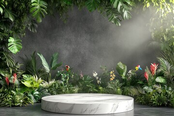 Canvas Print - Lush tropical stage with vibrant foliage and flowers.