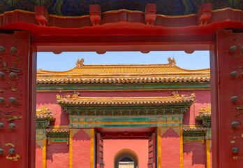 Wall Mural - ancient Chinese architecture, building from entrance door in forbidden city in Beijing China