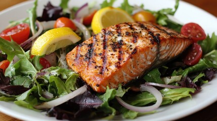 A plate of grilled salmon over mixed greens with tomatoes, onions, and lemon, perfect for a healthy and appetizing meal advertisement