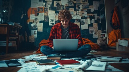 Wall Mural - A student working on a laptop while sitting on the floor of their bedroom with books and study materials spread out showing the casual and adaptable nature of learning from home Large space for text