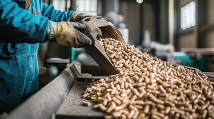 A worker loading biomass wood pellets into a machine.