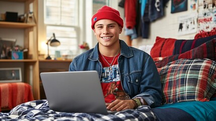 Wall Mural - A teenage student in a densely populated urban apartment using a laptop to engage in virtual learning, demonstrating how technology enables access to education in various living conditions. The