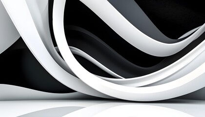 Sleek Abstract Fluid Design on Black Background with Minimalist White Shapes