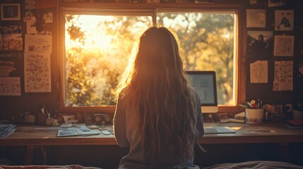 Wall Mural - A rural home study setup featuring a student sitting at a handmade wooden table, using a desktop computer. The room feels rustic but practical, showing how students use available resources to create