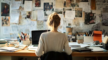 Wall Mural - A student in a small, minimalist bedroom creates a functional study area with a laptop on a simple desk, surrounded by posters and a few personal items. The clean, organized setup shows how students