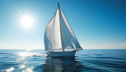 A white sailboat is sailing on the tranquil sea, sparkling under the sun and blue sky, showing the atmosphere of tranquility and freedom.