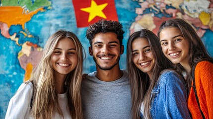 Wall Mural - A diverse group of students is seen collaborating on a presentation through an online platform. The screen shows global engagement with different cultures represented, each contributing ideas through