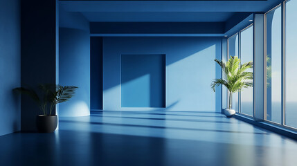 Business background Office room interior with blue wall and blue armchair