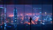 © Paul - A person meticulously cleaning a giant glass window in a futuristic apartment, neon city lights outside creating a striking contrast with the sleek interior