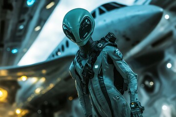 Wall Mural - Alien pilot wearing a space suit is standing in front of a futuristic spaceship