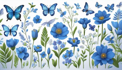 A variety of blue flowers and butterflies on a white background