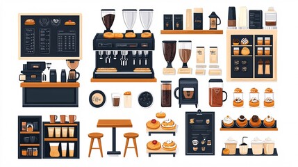 Coffee shop furniture set isolated on white background, vector cartoon illustration of coffee machines, pastries on display, wooden tables and chairs, chalkboard menu, cafe design elements