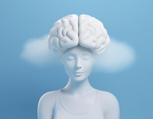 Wall Mural - 3D white figure with a visible brain is surrounded by a white cloud, 3D illustration