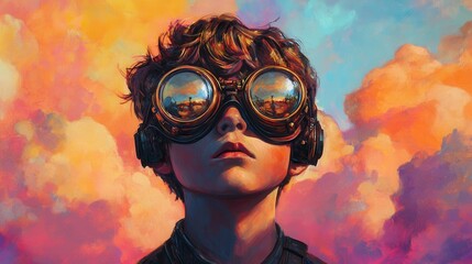 A curious child gazes through futuristic goggles, exploring a colorful sky filled with imaginative clouds.