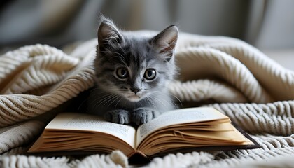 Curious Gray Kitten Delving into Open Book on Cozy Blanket, Playful and Relaxed Atmosphere Indoors During Daytime