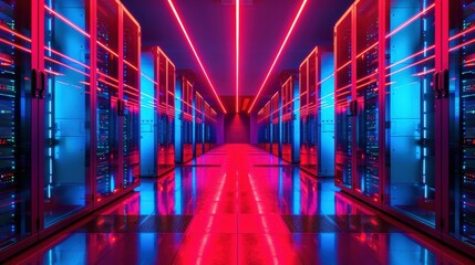 Wall Mural - Neon Data Highway: A captivating, futuristic vision of a server room bathed in glowing red and blue neon lights, creating a sense of both power and mystery. The sleek lines and reflective surfaces.