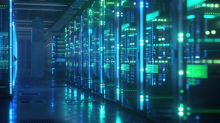 Digital Brain: Rows of glowing servers hum with activity in a futuristic data center, illustrating the power of modern technology. 