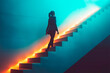 © Who is Danny - Woman ascending illuminated stairs in a modern, abstract setting.