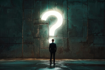 Fototapete - Silhouette of person facing illuminated question mark on textured wall background.