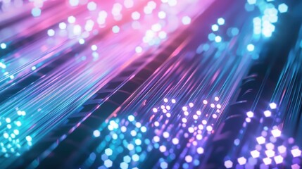 Digital Aurora: Fiber optic cables glow with vibrant hues of pink and blue, illuminating the future of high-speed data transmission. 