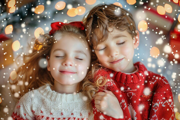 magical christmas card with photo portrait of siblings little boy and girl dreaming about gifts with closed eyes dressed in red wool sweater white sweater curly hair festive christmas background with 