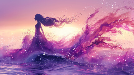 Wall Mural - A mermaid girl on the waves. in shades of purple and pink. the illustration that was drawn on the tablet