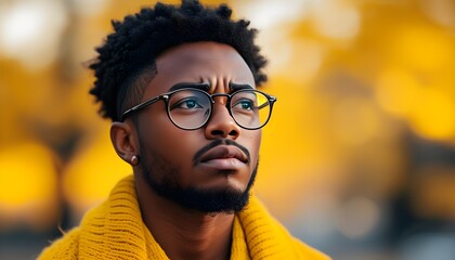 Wall Mural - Contemplative Young African American Man in Glasses Reflecting on Ideas Against a Bright Yellow Background During Daytime