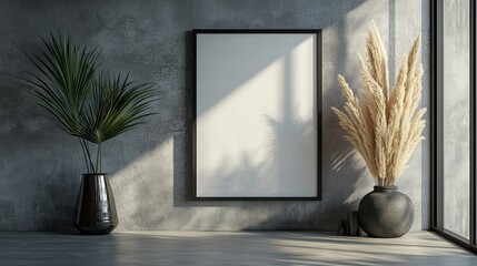 Sticker - 3d render of simple black frame with blank poster on the wall