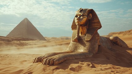 A majestic view of the Sphinx with a towering pyramid in the background, set against a tranquil desert landscape.