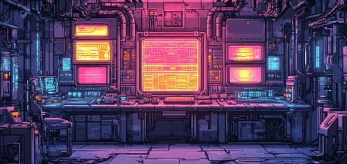 Digitized Future - Retro Sci-Fi Laboratory with Robotic Arms and Glowing Panels in 16-Bit Style