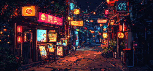 Poster - Futuristic Cyberpunk Alley with Pixelated Neon Signs and Retro 16-Bit Aesthetics