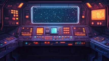 Wall Mural - Retro Sci-Fi Alien Spaceship Interior with Pixelated Control Panels and Starry Window in Cool Tones