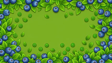 Wall Mural - Blueberry Frame with Green Leaves on a Green Background