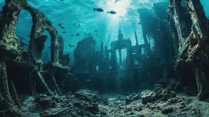 Wall Mural - A serene underwater scene showcasing a historical wreck surrounded by marine life and vibrant light filtering through the water.