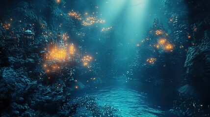 Wall Mural - A serene underwater scene with glowing marine life and soft beams of light illuminating the rocky landscape.