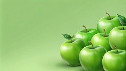 Green Apples with Leaves on a Green Background