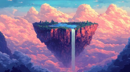 Wall Mural - Pixelated Fantasy: Serene Floating Island with Waterfalls and Mountains in 16-bit Retro Style