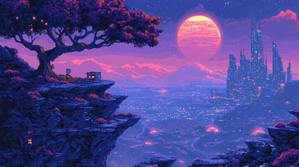 Wall Mural - Pixelated Utopia: Retro Sci-fi Alien World with Glowing Plants and Floating Rocks