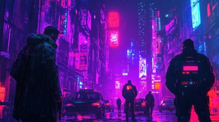 Poster - Retro Pixel Cyberpunk Cityscape with Neon Lights and Copy Space in Vibrant Overlay Style