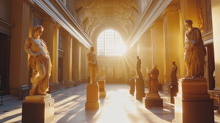 A stunning gallery filled with ancient sculptures illuminated by soft sunlight, showcasing the beauty of timeless art and history.