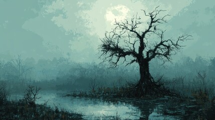 Pixel Art Retro Swamp Scene with Minimalistic Trees and Copy Space in Ethereal Overlay Technique