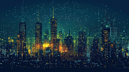 Poster - Glowing City Skyline: Futuristic Pixel Skyscrapers in Minimalistic Overlay Technique with Copy Space for Text at Night