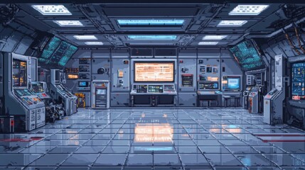 Wall Mural - Futuristic Pixel Art Space Station Exterior with Ethereal Manipulation Finish and Copy Space