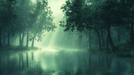 Wall Mural - Pixelated Swamp Dreamscape with Minimalistic Trees and Copy Space in Whimsical Blend Mode Finish