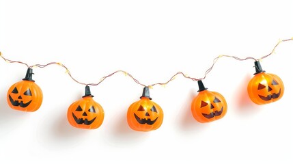 a set of halloween-themed string lights shaped like pumpkins isolated on white background