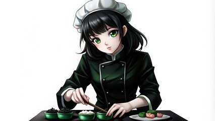 Anime Chef Girl with Green Eyes Prepares Food