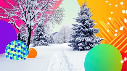 A winter path lined with snow-covered trees and colorful abstract shapes in a vibrant park setting during daylight